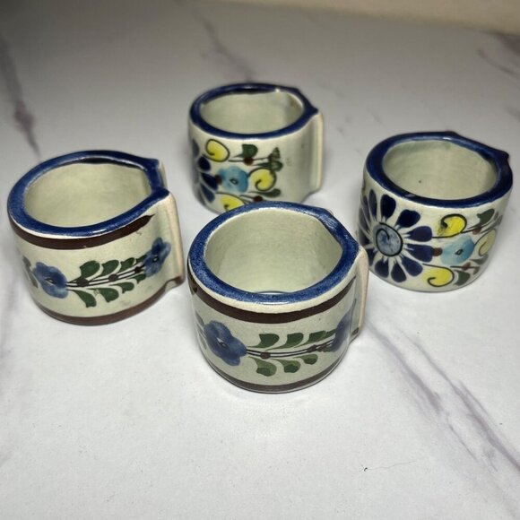 Hand-Painted Mexican Ceramic Floral Napkin Ring Set of 4 - Picture 7 of 11